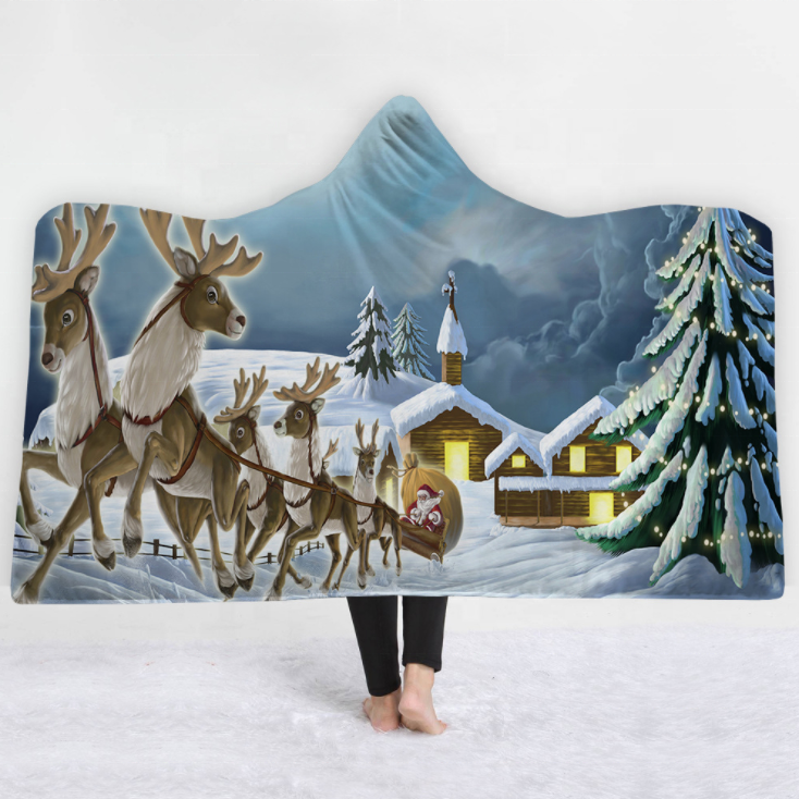 Customized Super Comfortable Warm Christmas Digital Printing Flannel Hooded Blanket For Adults