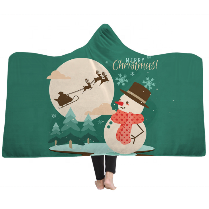 Customized Super Comfortable Warm Christmas Digital Printing Flannel Hooded Blanket For Adults